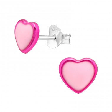 Pink Heart - 925 Sterling Silver Ear Studs With Enamel Colors A4S44713