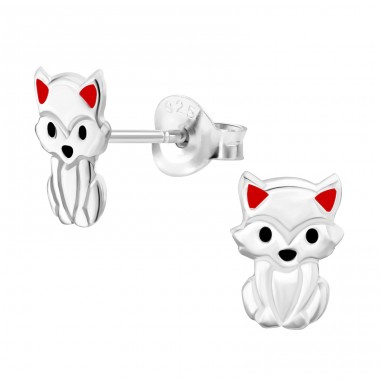 Cat sitting with red ears - 925 Sterling Silver Ear Studs With Enamel Colors A4S44902