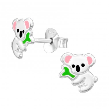 Koala & Eucalyptus leaf - 925 Sterling Silver Ear Studs With Enamel Colors A4S45364