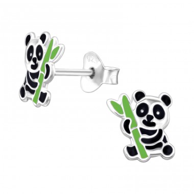 Panda with Bamboo - 925 Sterling Silver Ear Studs With Enamel Colors A4S45386