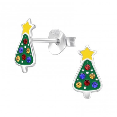 Christmas Tree - 925 Sterling Silver Ear Studs With Enamel Colors A4S46586