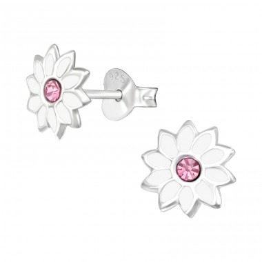 Blume mit rosa Kristall - 925Er Silber Ohrstecker Mit Emaillefarben A4S47110