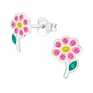 Flower pink with crystals - 925 Sterling Silver Ear Studs With Enamel Colors A4S47229