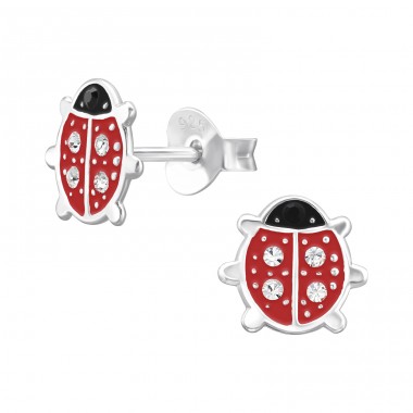 Ladybug with crystals  - 925 Sterling Silver Ear Studs With Enamel Colors A4S47302