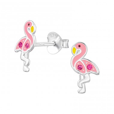 Flamingo with pink crystals - 925 Sterling Silver Ear Studs With Enamel Colors A4S47306