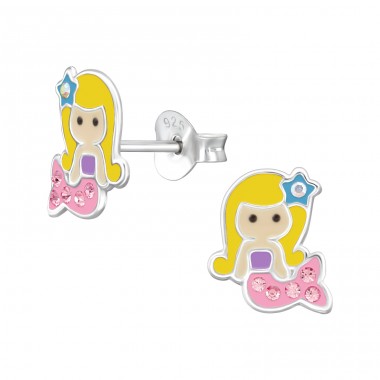 Mermaid - 925 Sterling Silver Ear studs with enamel colors A4S47733