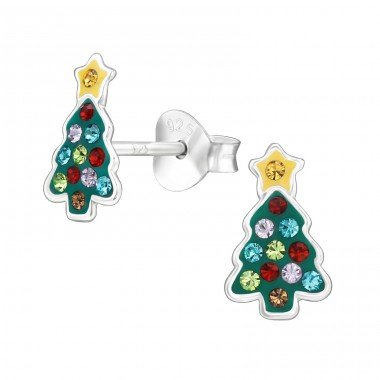 Christmas Tree - 925 Sterling Silver Ear Studs With Enamel Colors A4S47831