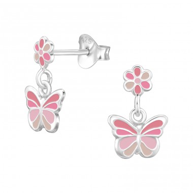 Blume Und Schmetterling - 925er Silber Ohrstecker mit Emaillefarben A4S47834