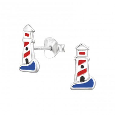 Coloured lighthouse - 925 Sterling Silver Ear Studs With Enamel Colors A4S47866