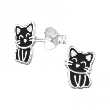 Black Cat - 925 Sterling Silver Ear Studs With Enamel Colors A4S47989