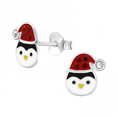 Penguin Christmas Hat with crystals - 925 Sterling Silver Ear Studs With Enamel Colors A4S48004