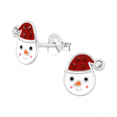 Snowman with hat and crystals - 925 Sterling Silver Ear Studs With Enamel Colors A4S48006