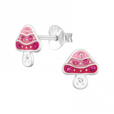 Mushroom with Crystal - 925 Sterling Silver Ear Studs With Enamel Colors A4S48010