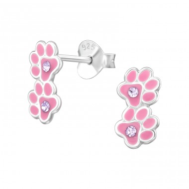 Paw Print - 925 Sterling Silver Ear Studs With Enamel Colors A4S48359