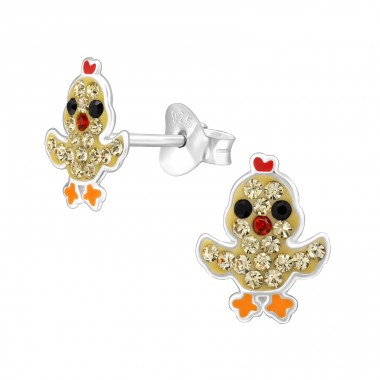 Chicken with crystals - 925 Sterling Silver Ear Studs With Enamel Colors A4S48362