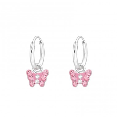 Hanging pink Butterfly - 925 Sterling Silver Children Hoops A4S43030