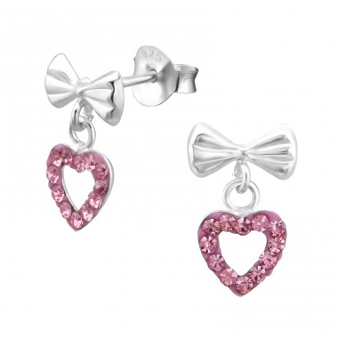 Bow With Hanging Heart - 925 Sterling Silver Ear studs with stones A4S25106