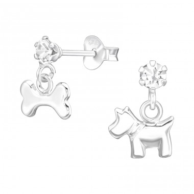 Hanging Dog & Bone - 925 Sterling Silver Ear Studs With Stones A4S41593