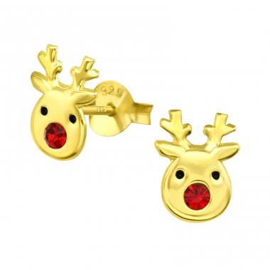 Golden Reindeer with red crystal nose - 925 Sterling Silver Ear Studs With Crystals A4S41745