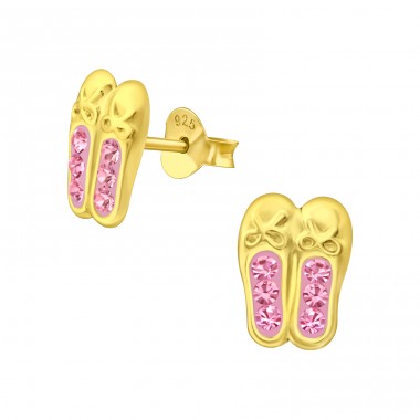 Golden Ballerina Shoes - 925 Sterling Silver Ear Studs With Crystals & Zirconia A4S41754