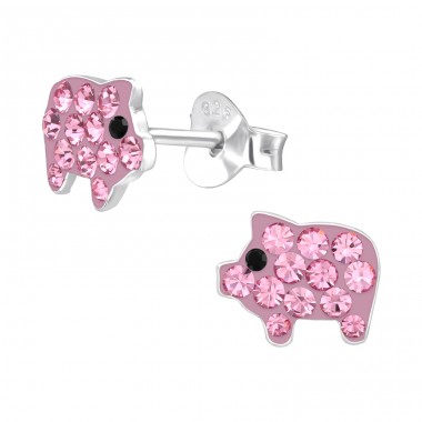 Pink Pig - 925 Sterling Silver Ear Studs With Crystals A4S42037