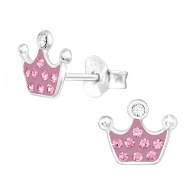 Pink princess crown - 925 Sterling Silver Ear Studs With Crystals & Zirconia A4S42038