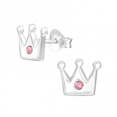 Crown with pink crystal - 925 Sterling Silver Ear Studs With Stones A4S42389