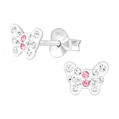 Butterfly with pink center - 925 Sterling Silver Ear Studs With Crystals & Zirconia A4S42417