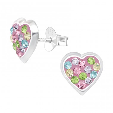 Multicolor Heart - 925 Sterling Silver Ear Studs With Crystals & Zirconia A4S42420