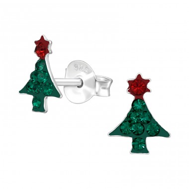 Christmas Tree - 925 Sterling Silver Ear studs with crystals & Zirconia A4S42424