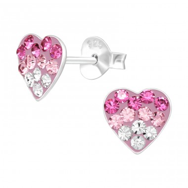 Pink Heart layered - 925 Sterling Silver Ear Studs With Crystals & Zirconia A4S42426