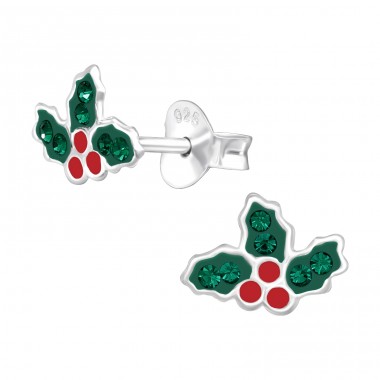 Holly Leaf for Christmas - 925 Sterling Silver Ear Studs With Enamel Colors A4S42776