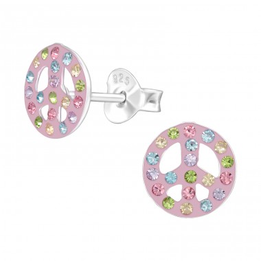 Multicolor Peace Sign - 925 Sterling Silver Ear Studs With Stones A4S42931