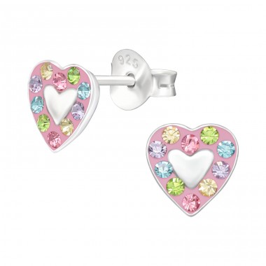 Multicolor Heart - 925 Sterling Silver Ear Studs With Stones A4S42935