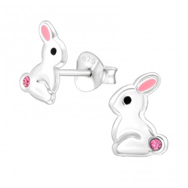 Standing Rabbit with pink crystal tail - 925 Sterling Silver Ear Studs With Stones A4S43173