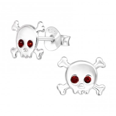 Skull with Red crystal eyes - 925 Sterling Silver Ear Studs With Stones A4S43192