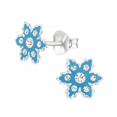 Blue Snowflake with crystals - 925 Sterling Silver Ear Studs With Stones A4S43884