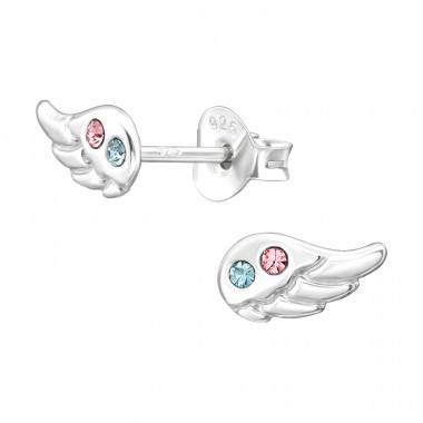 Wings with light blue and pink crystals - 925 Sterling Silver Ear Studs With Stones A4S43891