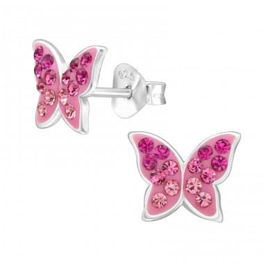 Fuchsia crystals Butterfly - 925 Sterling Silver Ear Studs With Stones A4S43919