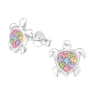 Turtle with multicolor crystals - 925 Sterling Silver Ear Studs With Stones A4S43920