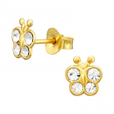 Golden White Crystal Butterfly - 925 Sterling Silver Ear Studs With Stones A4S43947