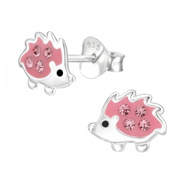 Porcupine with pink crystals - 925 Sterling Silver Ear Studs With Stones A4S44051