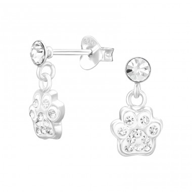 Dangling Paw Print with white crystals - 925 Sterling Silver Ear Studs With Stones A4S45270