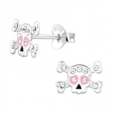 Crystal Skull with pink eyes - 925 Sterling Silver Ear Studs With Stones A4S45374