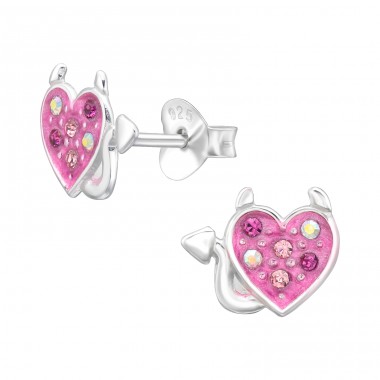 Devil Heart with horns and tail - 925 Sterling Silver Ear Studs With Stones A4S45843