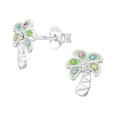 Coconut Tree - 925 Sterling Silver Ear Studs With Stones A4S45892