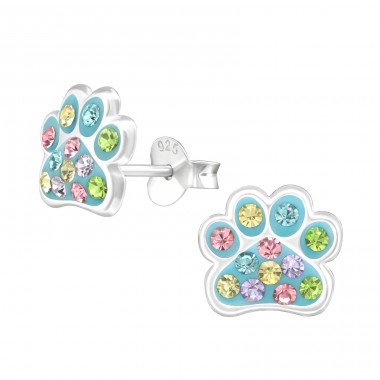 Paw Print multicolor crystals - 925 Sterling Silver Ear Studs With Stones A4S45899