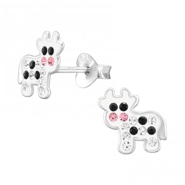 Cow with Crystal - 925 Sterling Silver Ear Studs With Stones A4S46568