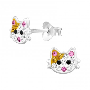 Cat with Crystal stones - 925 Sterling Silver Ear Studs With Stones A4S46571