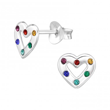 Heart with colorful crystals - 925 Sterling Silver Ear Studs With Stones A4S46582